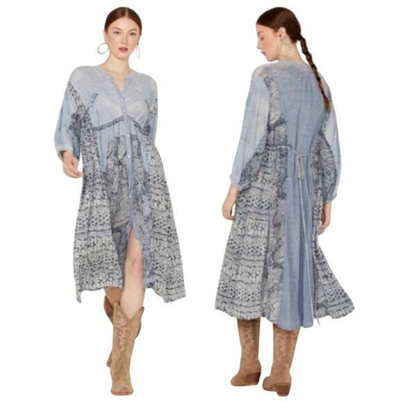 Free People M Oh My Mix Print Long Sleeve Maxi Dress Kimono Blue Boho - Picture 1 of 10